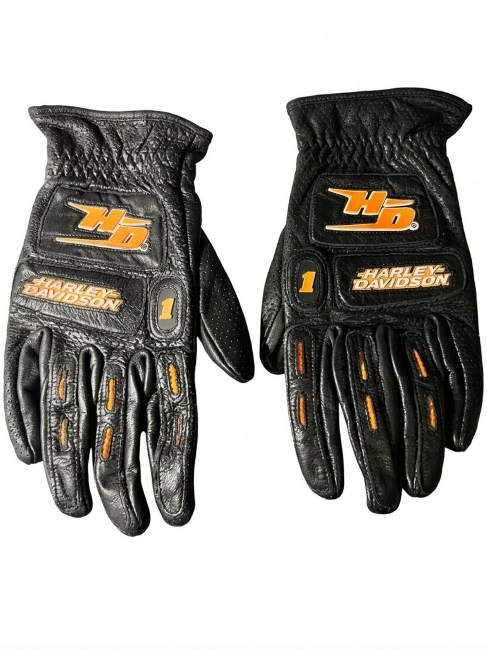 Harley-Davidson Black and Orange Leather Motorcycle Gloves, Vintage, Medium